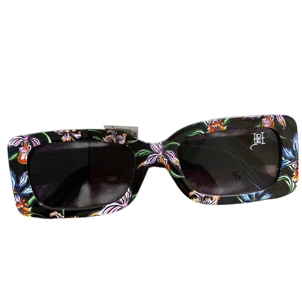 Ed Hardy Black Square Logo Sunglasses Floral Women NWT